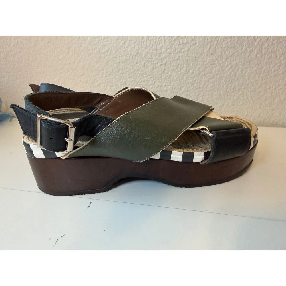 Marni Olive Green Leather Espadrille Platform Slingback Sandals Striped Trim